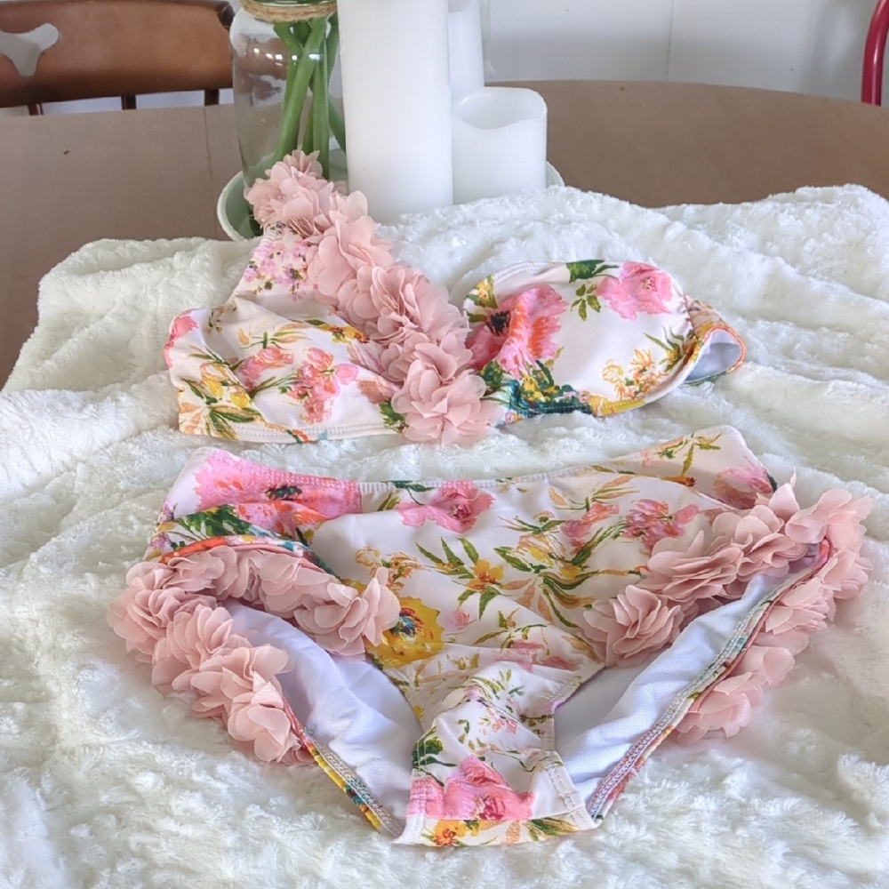 Floral Bikini with Pink Ruffle Trim